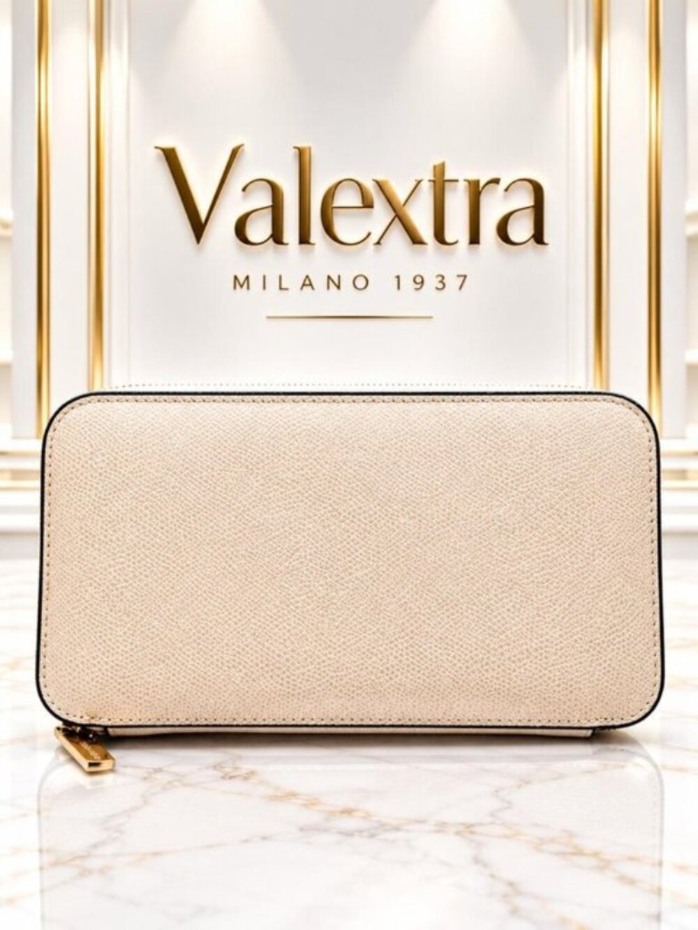 Authentic Valextra Ivory Millepunte Leather Zip Around Long Wallet Luxury Italy